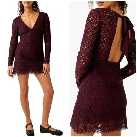 Free People Honey Honey Lace Long Sleeve Mini Dress Burgundy Purple Defect 2 - Picture 1 of 14